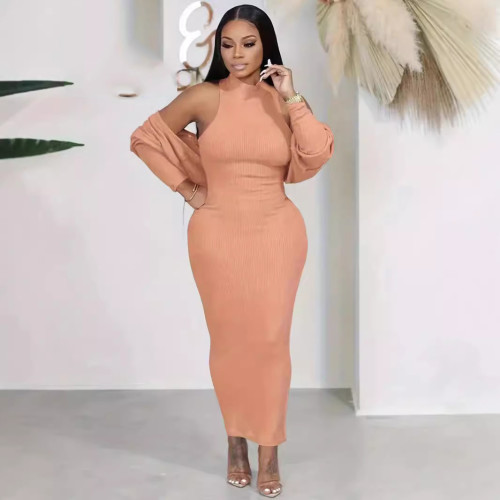 Casual Solid Sleeveless Bodycon Dress Set