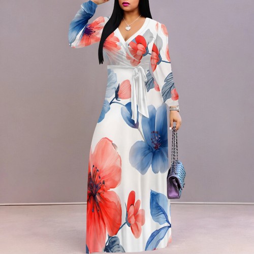 1 Piece Custom Casual Printed V Neck Maxi Dresses
