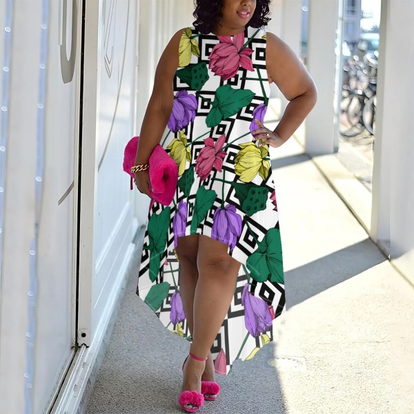 1 Piece Custom Casual Printed Sleeveless Plus Size Maxi Dresses
