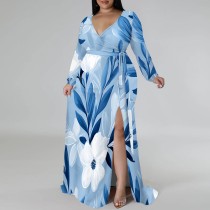 1 Piece Custom Casual Printed V Neck Slit Plus Size Maxi Dresses