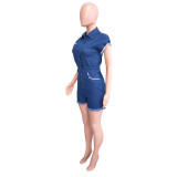 Sexy Short Sleeve Lapel Stretch Denim Bodysuit