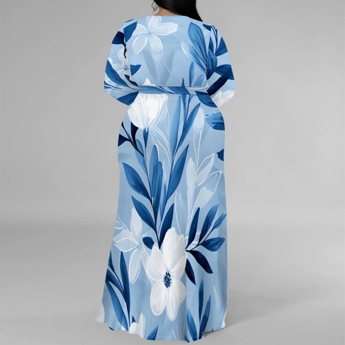 1 Piece Custom Casual Printed V Neck Slit Plus Size Maxi Dresses
