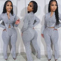 Casual Sweater Stripe Patchwork Zipper Zipper Collar Long Sleeve Two Pieces