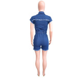 Sexy Short Sleeve Lapel Stretch Denim Bodysuit