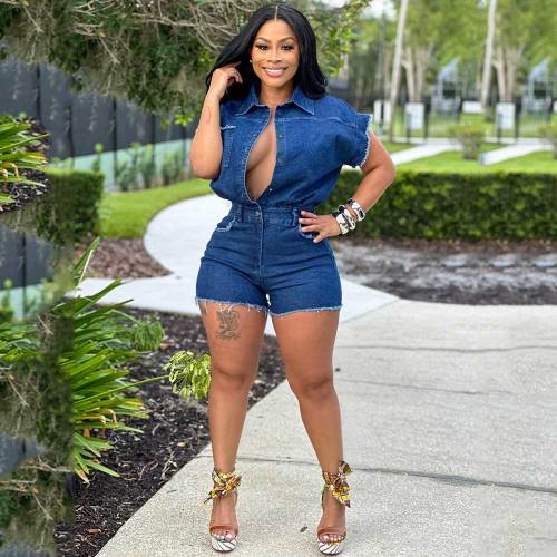 Sexy Short Sleeve Lapel Stretch Denim Bodysuit