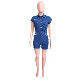 Sexy Short Sleeve Lapel Stretch Denim Bodysuit