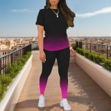 1 Piece Custom Casual Digital Printing Gradient Color Short Sleeve Pant Set