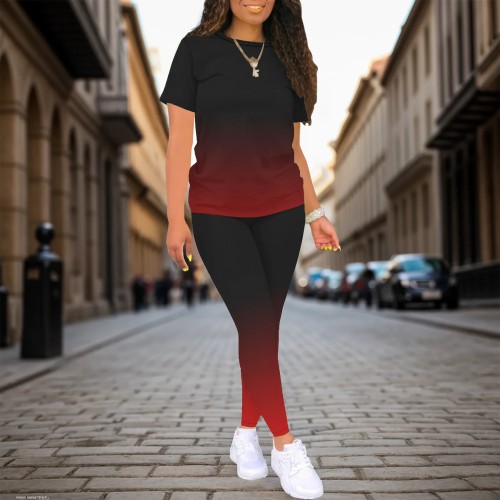 1 Piece Custom Casual Digital Printing Gradient Color Short Sleeve Pant Set