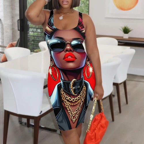 1 Piece Custom Casual Digital Printing Sleeveless Midi Dresses