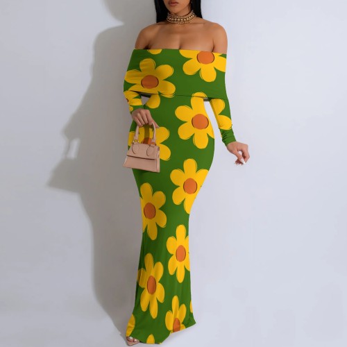 1 Piece Custom Casual Digital Printing Off Shoulder Long Dresses