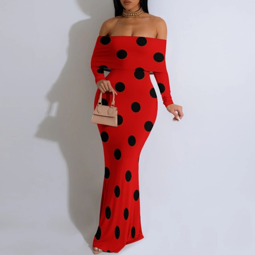 1 Piece Custom Casual Digital Printing Polka Dots Off Shoulder Long Dresses