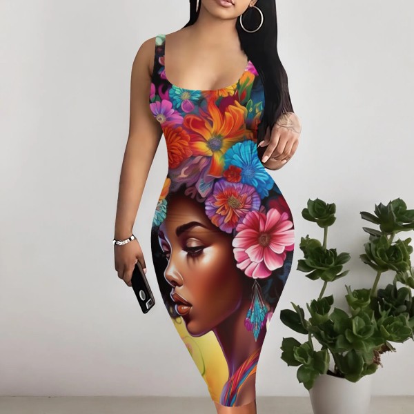 1 Piece Custom Casual Digital Printing Sleeveless Midi Dresses