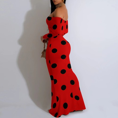 1 Piece Custom Casual Digital Printing Polka Dots Off Shoulder Long Dresses