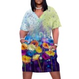 1 Piece Custom Casual Digital Printing V Neck Plus Size Midi Dresses