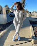 Solid Color Cotton Pocket Sports Drawstring Two-Piece Set