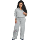 Solid Color Sportswear Loose Zipper Drawstring Pants Two-piece Outfits