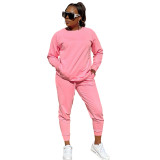 Solid Color Cotton Pocket Sports Drawstring Two-Piece Set