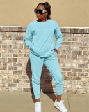 Solid Color Cotton Pocket Sports Drawstring Two-Piece Set