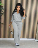 Solid Color Sportswear Loose Zipper Drawstring Pants Two-piece Outfits
