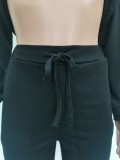 Solid Color Cotton Pocket Sports Drawstring Two-Piece Set