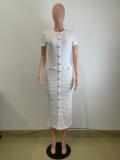 Elegant Solid Color Buckle Patchwork Knitted O Neck Long Dresses