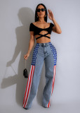 (Pre Order 17/9)Patchwork Denim Stripes Color Block American Flag Printed Jeans