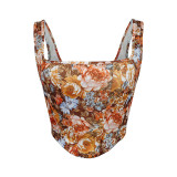 Retro Print Vest with Floral Herringbone Bra Camisole Top