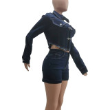 Autumn/winter Stretch Denim Long Sleeve Shorts Set