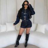 Autumn/winter Stretch Denim Long Sleeve Shorts Set
