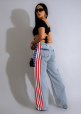(Pre Order 17/9)Patchwork Denim Stripes Color Block American Flag Printed Jeans