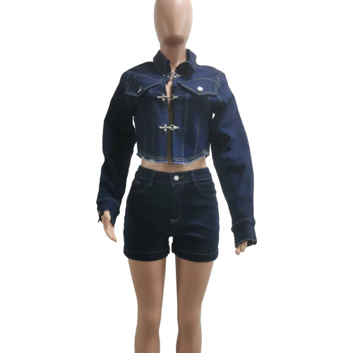Autumn/winter Stretch Denim Long Sleeve Shorts Set