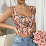 Retro Print Vest with Floral Herringbone Bra Camisole Top