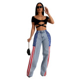 (Pre Order 17/9)Patchwork Denim Stripes Color Block American Flag Printed Jeans