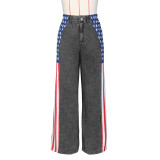 (Pre Order 17/9)Patchwork Denim Stripes Color Block American Flag Printed Jeans