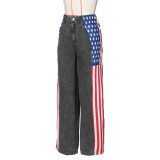 (Pre Order 17/9)Patchwork Denim Stripes Color Block American Flag Printed Jeans