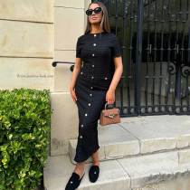 Elegant Solid Color Buckle Patchwork Knitted O Neck Long Dresses