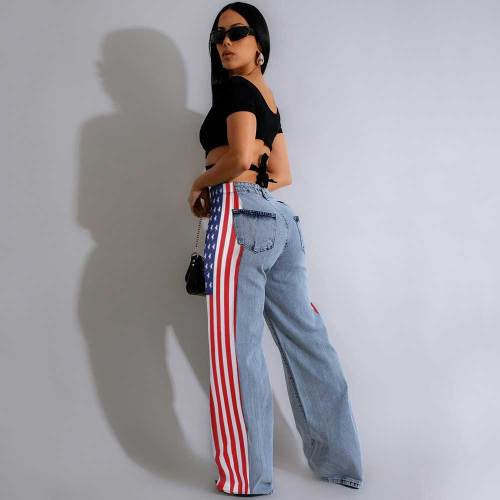(Pre Order 17/9)Patchwork Denim Stripes Color Block American Flag Printed Jeans
