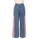 (Pre Order 17/9)Patchwork Denim Stripes Color Block American Flag Printed Jeans