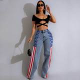 (Pre Order 17/9)Patchwork Denim Stripes Color Block American Flag Printed Jeans