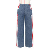 (Pre Order 17/9)Patchwork Denim Stripes Color Block American Flag Printed Jeans