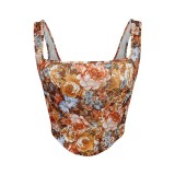 Retro Print Vest with Floral Herringbone Bra Camisole Top