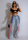 (Pre Order 17/9)Patchwork Denim Stripes Color Block American Flag Printed Jeans