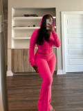 Solid Women Waffle Crop Top Tracksuit Hoodie Sweatpants Sets