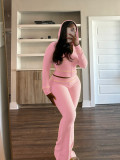 Solid Women Waffle Crop Top Tracksuit Hoodie Sweatpants Sets