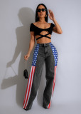 (Pre Order 17/9)Patchwork Denim Stripes Color Block American Flag Printed Jeans