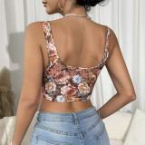 Retro Print Vest with Floral Herringbone Bra Camisole Top