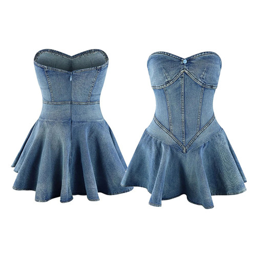 Fashion Denim Strapless A-line Mini Dress