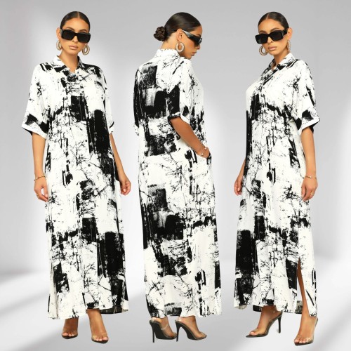 Casual Spread Collar Short Sleeves Printed Shirt Dress