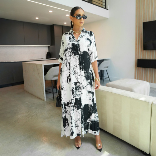 Casual Spread Collar Short Sleeves Printed Shirt Dress