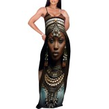1 Piece Custom Casual Printed African Portrait Straps V Neck Maxi Dresses